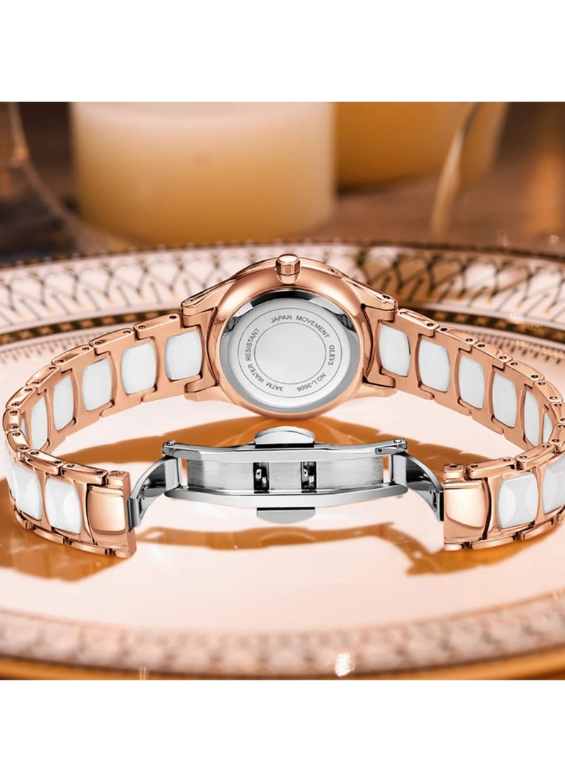 أوليفز ساعة OLEVS النسائية من السيراميك باللون الذهبي الوردي بتصميم أنيق وفاخر 3ATM مقاومة للماء وساعة كوارتز مضيئة - Image 5