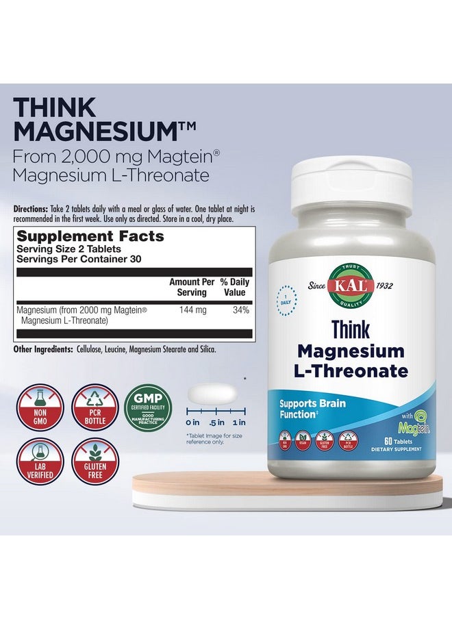 Think Magnesium Lthreonate 2000 Mg ; Learning Brain Health & Memory Function Support W/Magtein ; Vegan No Gluten & Nongmo ; 60 Tablets