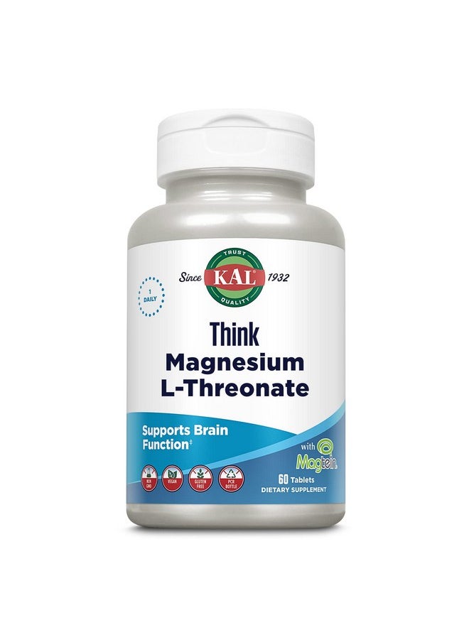 Think Magnesium Lthreonate 2000 Mg ; Learning Brain Health & Memory Function Support W/Magtein ; Vegan No Gluten & Nongmo ; 60 Tablets