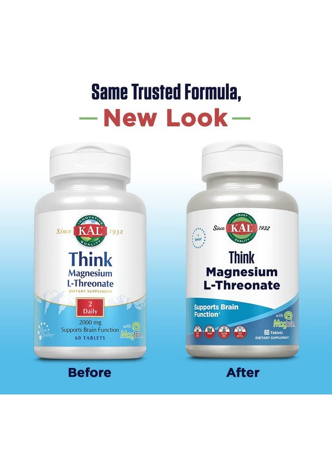 Think Magnesium Lthreonate 2000 Mg ; Learning Brain Health & Memory Function Support W/Magtein ; Vegan No Gluten & Nongmo ; 60 Tablets