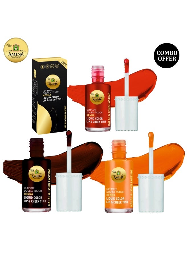 حناء أمينة ألتيميت دبل تاتش كومبو من البرتقالي والبني والكرز الأحمر، أول لون سائل للشفاه والخدود بقاعدة حناء/حناء يدوم طويلاً (عبوة من 3 قطع) - Image 1
