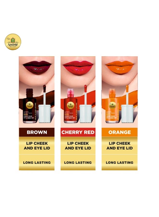 حناء أمينة ألتيميت دبل تاتش كومبو من البرتقالي والبني والكرز الأحمر، أول لون سائل للشفاه والخدود بقاعدة حناء/حناء يدوم طويلاً (عبوة من 3 قطع) - Image 2