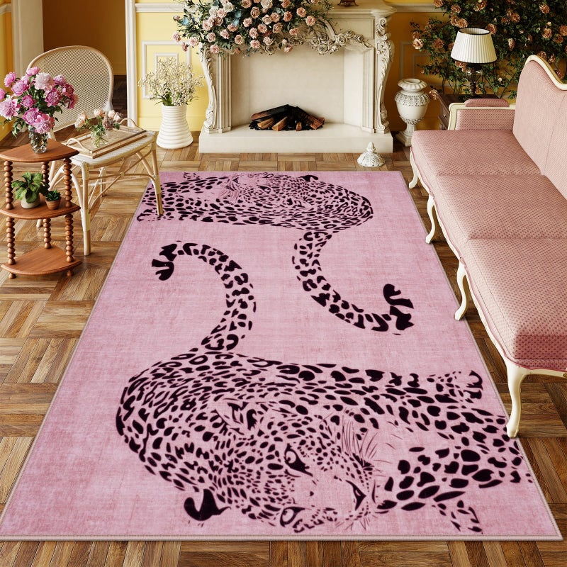OJIA Leopard Print 5x7 Area Rugs for Living Room, Soft Washable Rugs for Bedroom Ultra-Thin Non-Slip Moden Pink Rug, Stain Resistant Nursery Rug Carpet for Kids Playroom Classroom Dining Room - Image 1