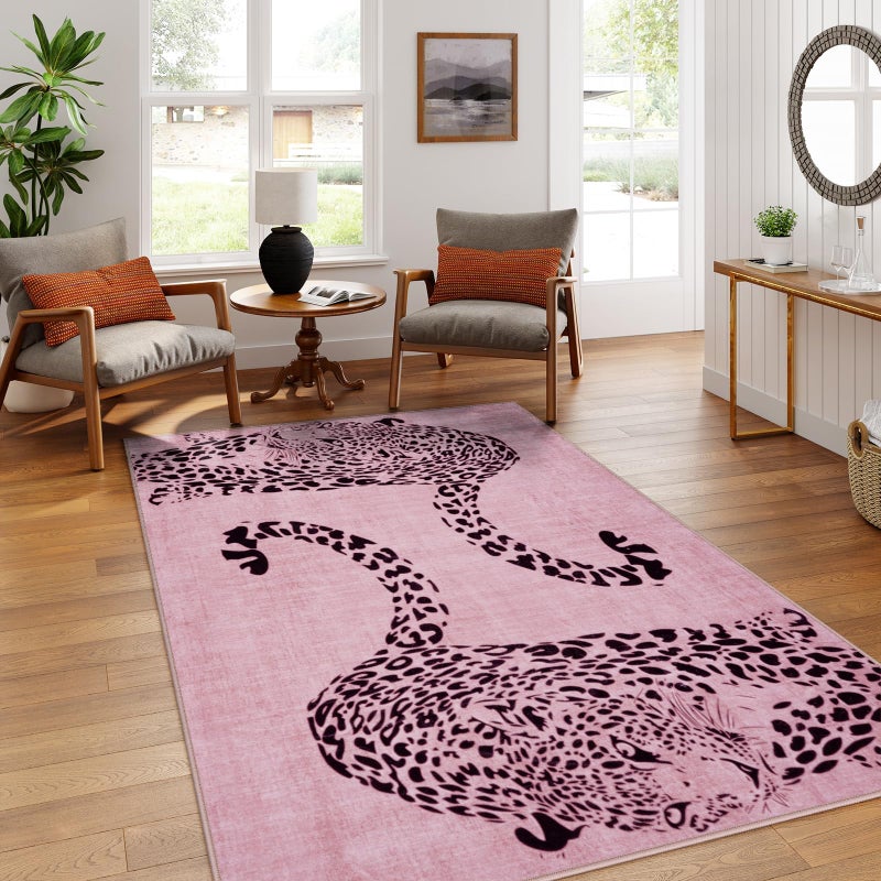 OJIA Leopard Print 5x7 Area Rugs for Living Room, Soft Washable Rugs for Bedroom Ultra-Thin Non-Slip Moden Pink Rug, Stain Resistant Nursery Rug Carpet for Kids Playroom Classroom Dining Room - Image 2