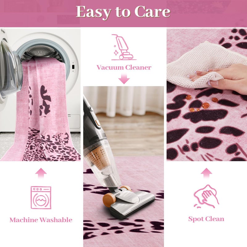 OJIA Leopard Print 5x7 Area Rugs for Living Room, Soft Washable Rugs for Bedroom Ultra-Thin Non-Slip Moden Pink Rug, Stain Resistant Nursery Rug Carpet for Kids Playroom Classroom Dining Room - Image 4
