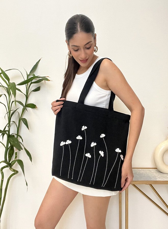 MASQ by Q-One Poppy Flower Embroidered Canvas Tote Bags for Women with Zip, College Bag for Girls, 100% Organic Cotton Tote Bag for Traveling & Daily Use | Stylish Gifts for Women and Girl - Image 3