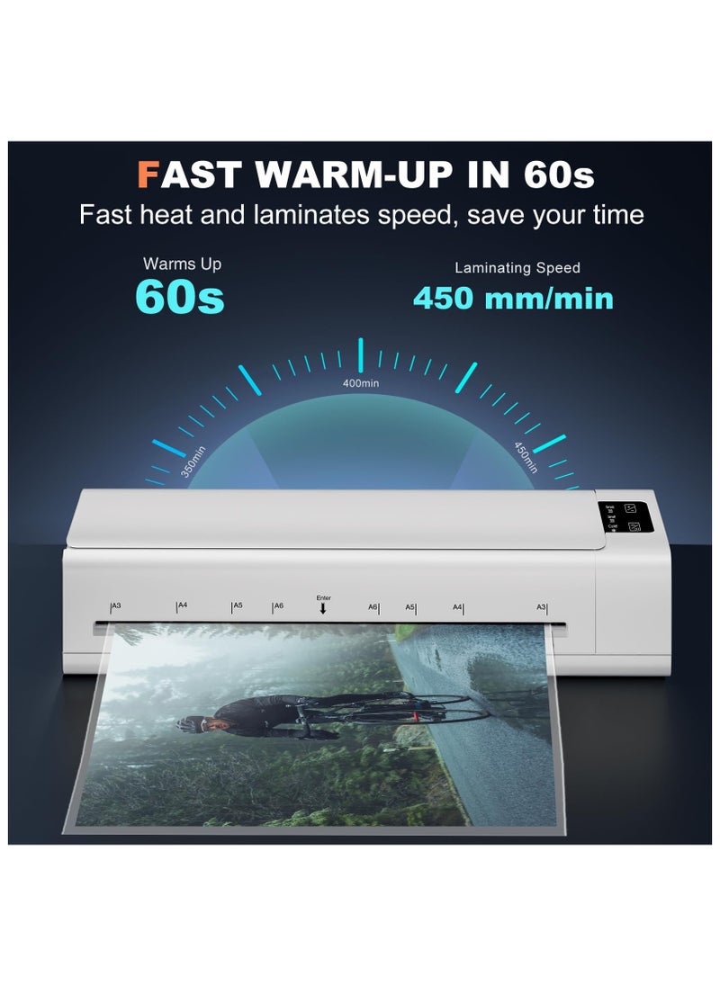 SYOSI - Laminator, 13 Inch Lamination Machine for A3/A4/A5/A6, with 6 in 1 Personal Desktop Cold & Hot A3 Laminating Machine, 60s Warm-Up Jam-Free laminator Machine with 12 Pouches for Office, School (White) - Image 1
