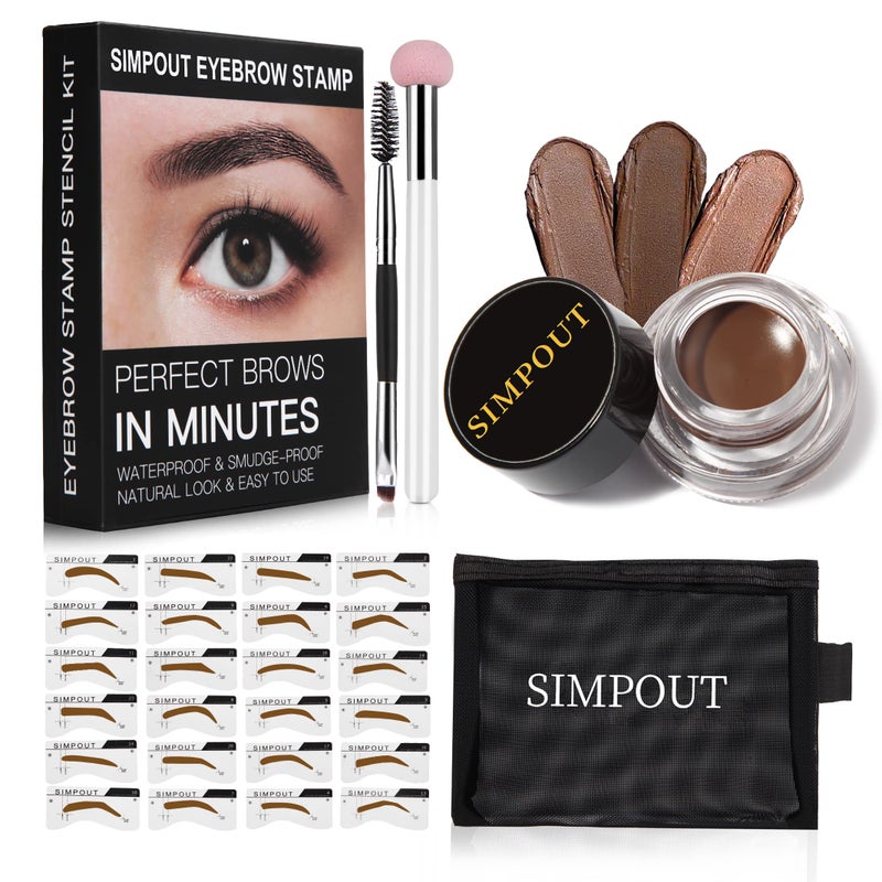 Simpout Eyebrow Stamp Stencil Kit for Beginner  Simpout Eye Brow Stamping Kit Eyebrow Stamp Trio Kit 29 Brow Stencils Brow Eyebrow Kit with Sponge Applicator Waterproof Eyebrow Kit E02 Soft Brown