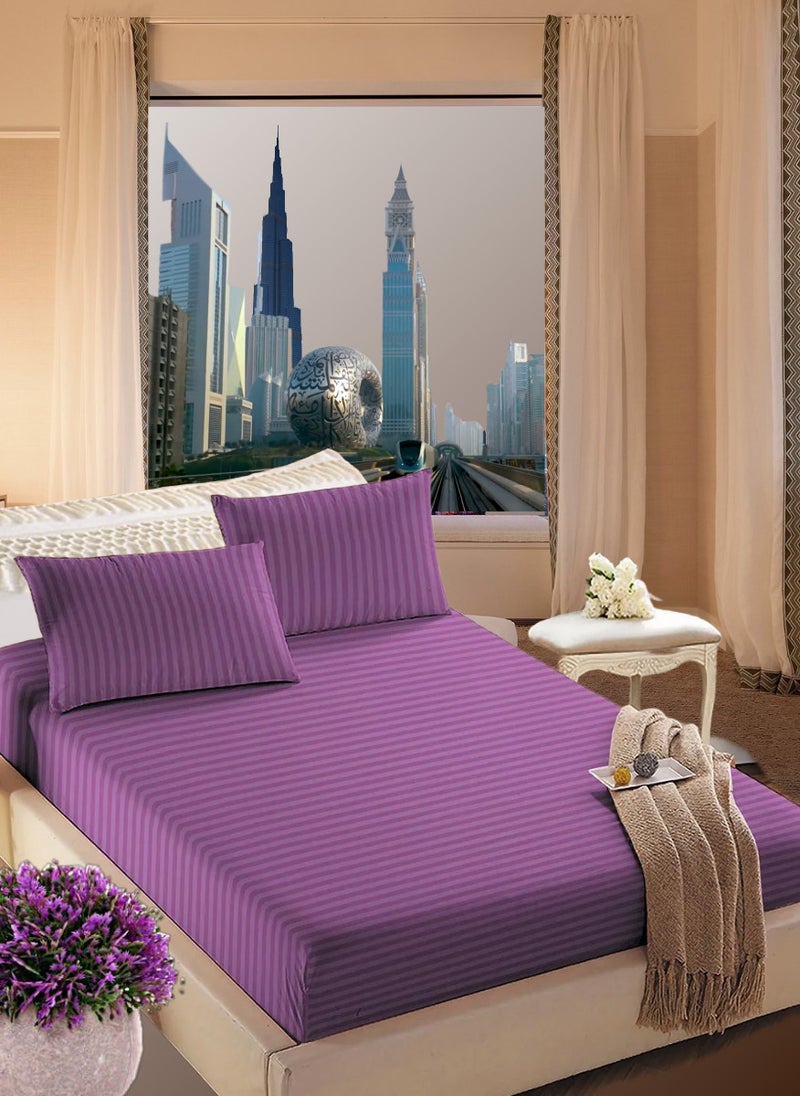 Blueberry Faded Purple Cotton King Striped Fitted Elastic Bedsheet Set 200x200+25cm  - Image 1