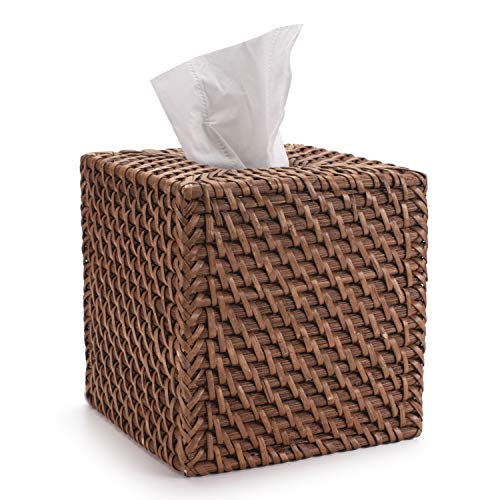 DECRAFTS Rattan Tissue Box Cover Natural Woven Facial Napkin Holder Square (Honey Brown, 5.5x5.5x5.9 Inch) - Image 1
