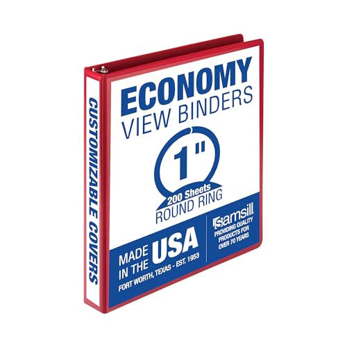 Samsill 1 Inch 3 Ring Binder, Made in USA, Economy Round Ring, Clear View Cover, 200 Sheet Capacity - for School, Home, Office - Red - Image 1