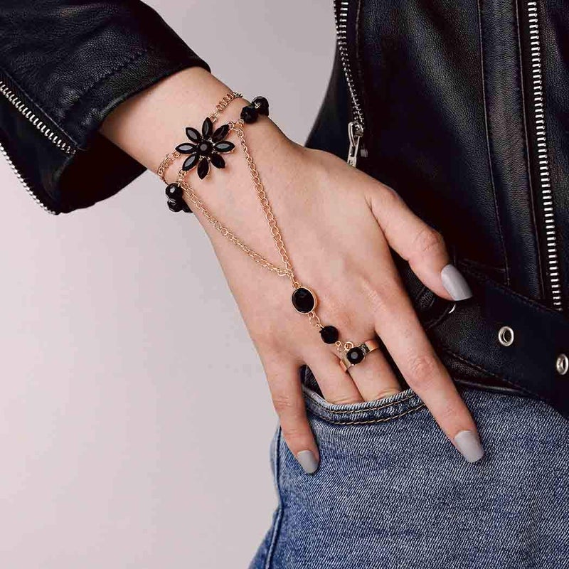 Yalice Rhinestone Finger Bracelet Ring Black Crystal Hand Chains Flower Slave Finger Chain Fashion Charm Hand Jewelry for Women - Image 2