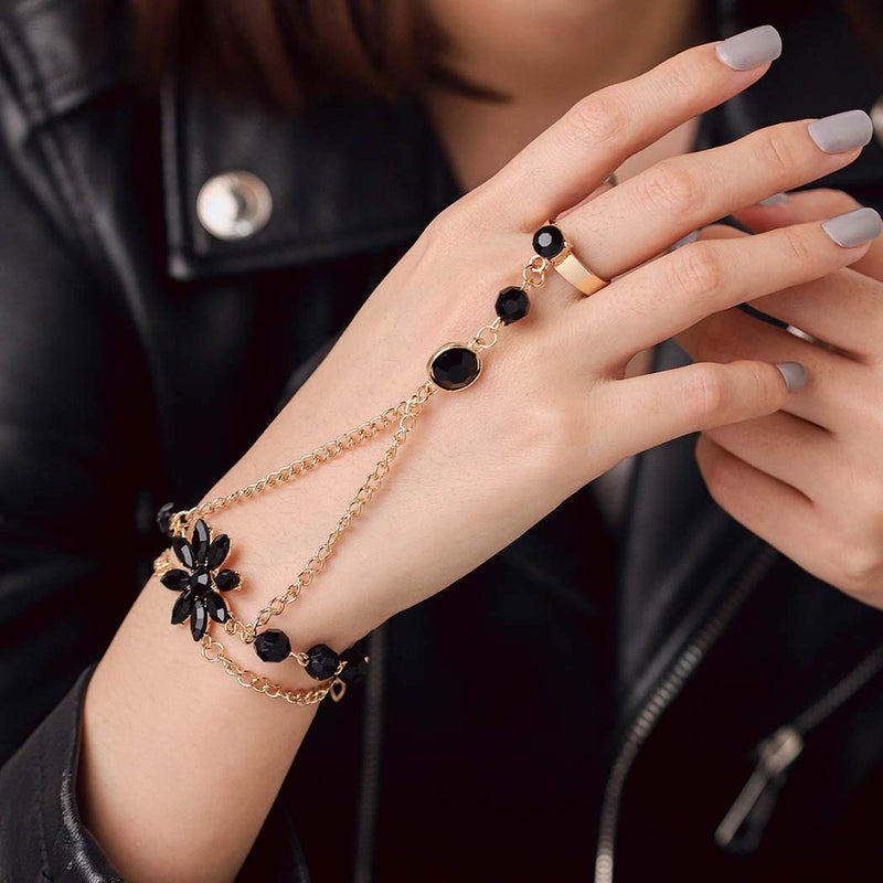 Yalice Rhinestone Finger Bracelet Ring Black Crystal Hand Chains Flower Slave Finger Chain Fashion Charm Hand Jewelry for Women - Image 1