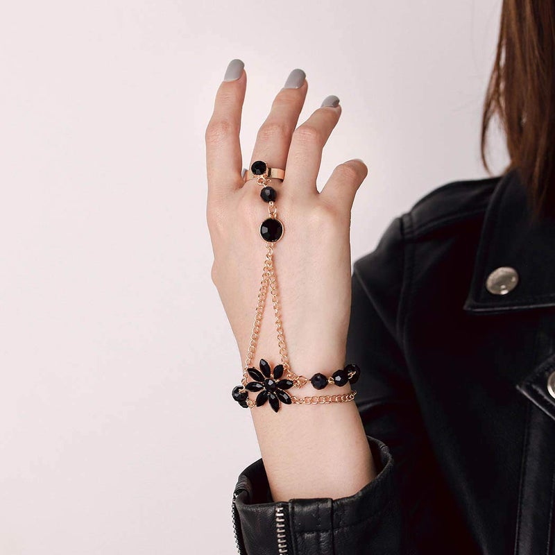 Yalice Rhinestone Finger Bracelet Ring Black Crystal Hand Chains Flower Slave Finger Chain Fashion Charm Hand Jewelry for Women - Image 4