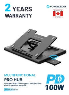 Multi-Functional Pro Laptop Stand Hub with 100W PD, Equipped with a Wireless Charger, It Can Power up Any Device up to 10W, Several Data Transfer Ports - Black