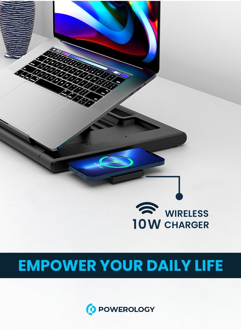 Powerology - Multi-Functional Pro Laptop Stand Hub with 100W PD, Equipped with a Wireless Charger, It Can Power up Any Device up to 10W, Several Data Transfer Ports - Black - Image 1
