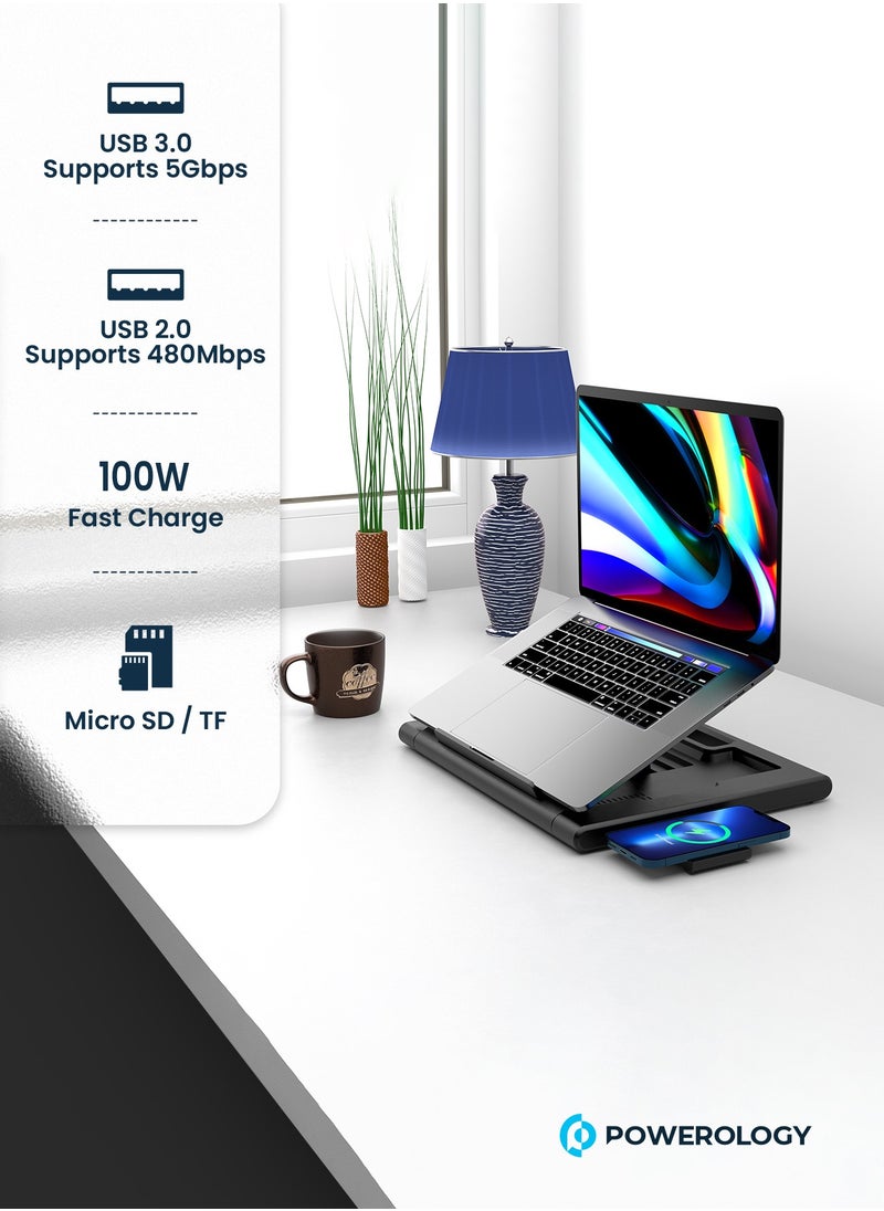 Powerology - Multi-Functional Pro Laptop Stand Hub with 100W PD, Equipped with a Wireless Charger, It Can Power up Any Device up to 10W, Several Data Transfer Ports - Black - Image 1