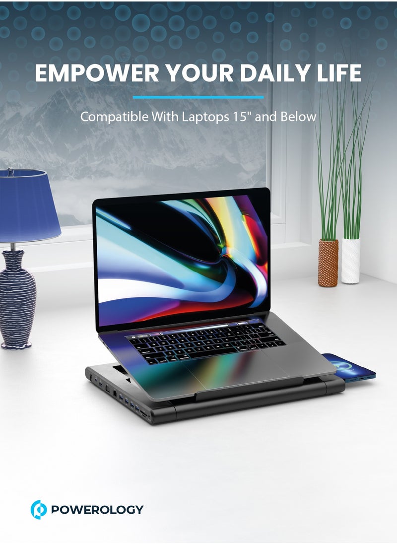 Powerology - Multi-Functional Pro Laptop Stand Hub with 100W PD, Equipped with a Wireless Charger, It Can Power up Any Device up to 10W, Several Data Transfer Ports - Black - Image 1