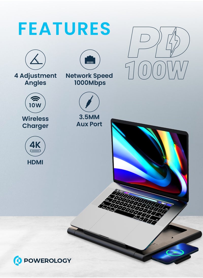 Powerology - Multi-Functional Pro Laptop Stand Hub with 100W PD, Equipped with a Wireless Charger, It Can Power up Any Device up to 10W, Several Data Transfer Ports - Black - Image 1