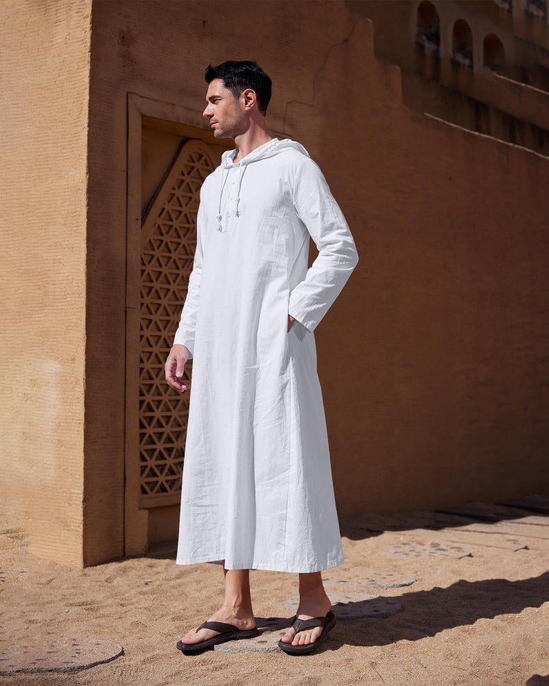 YAOHUOLE Muslim Thobe for Men Long Sleeve Kaftan Thobe with Pocket White L - Image 3