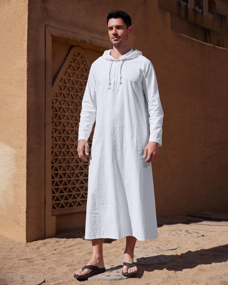 YAOHUOLE Muslim Thobe for Men Long Sleeve Kaftan Thobe with Pocket White L - Image 2
