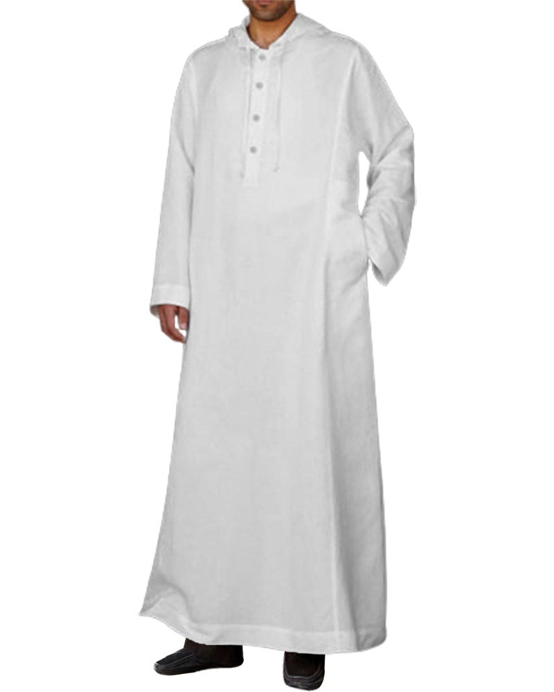YAOHUOLE Muslim Thobe for Men Long Sleeve Kaftan Thobe with Pocket White L - Image 1