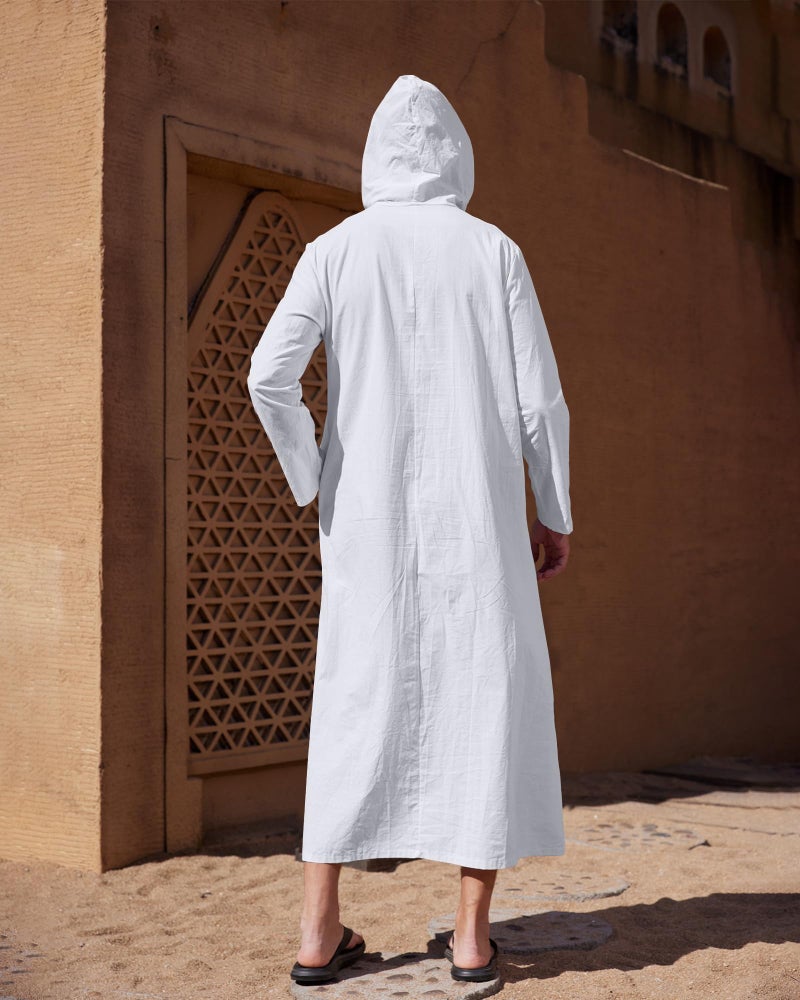 YAOHUOLE Muslim Thobe for Men Long Sleeve Kaftan Thobe with Pocket White L - Image 4