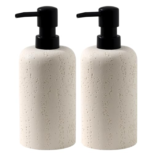 Haocoott Soap Dispensers 400mL 13.5 OZ, 2 PCS Luxurious Hand Dish Lotion Shampoo Soap Dispenser Jar, Travertine Soap Bottles Rustproof Pump for Kitchen Bathroom Countertop - Image 1