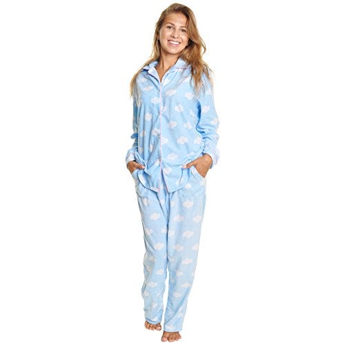 Angelina Womens Pajama Set with Notch Collar and Pockets | Blue Base with White Clouds | Women's Cozy Fleece PJ56_L - Image 1