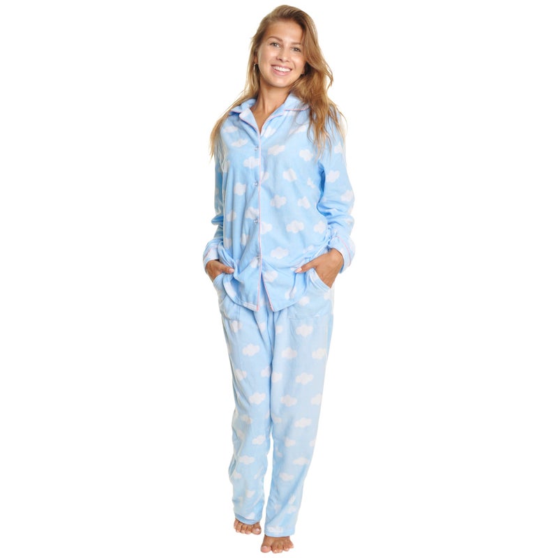 Angelina Womens Pajama Set with Notch Collar and Pockets | Blue Base with White Clouds | Women's Cozy Fleece PJ56_L - Image 5