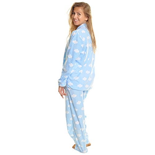 Angelina Womens Pajama Set with Notch Collar and Pockets | Blue Base with White Clouds | Women's Cozy Fleece PJ56_L - Image 2