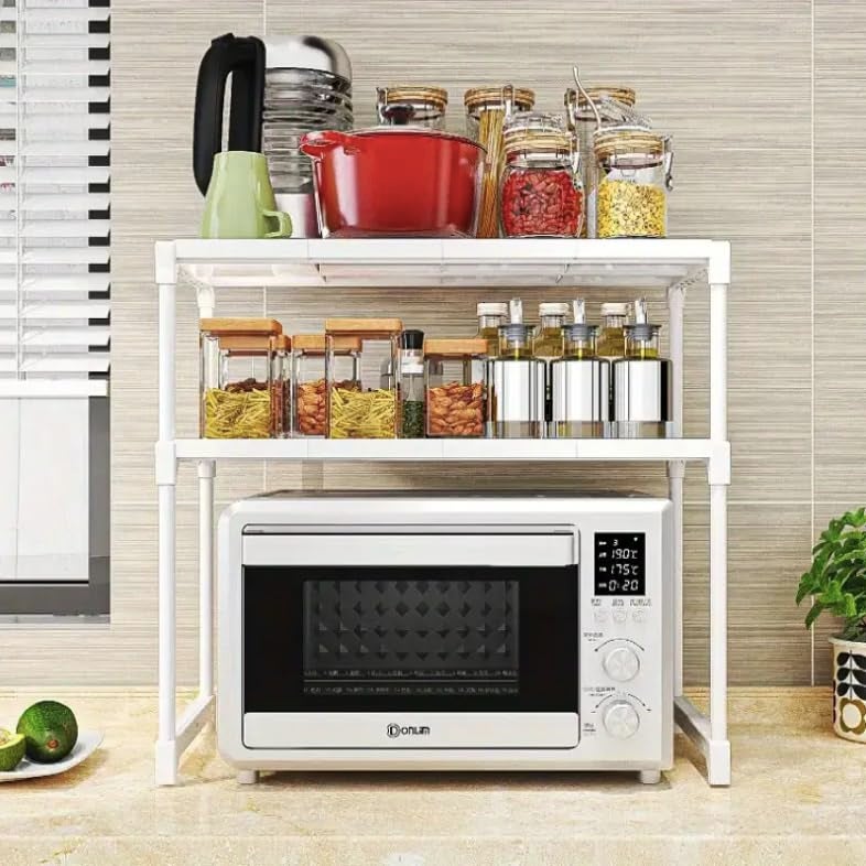 Smart Saver Kitchen Oven Microwave Shelf with Two Layers,Countertop Storage Rack, Tableware Storage Counter Space Saver Cabinet Organizer Spice Holder, White. - Image 3