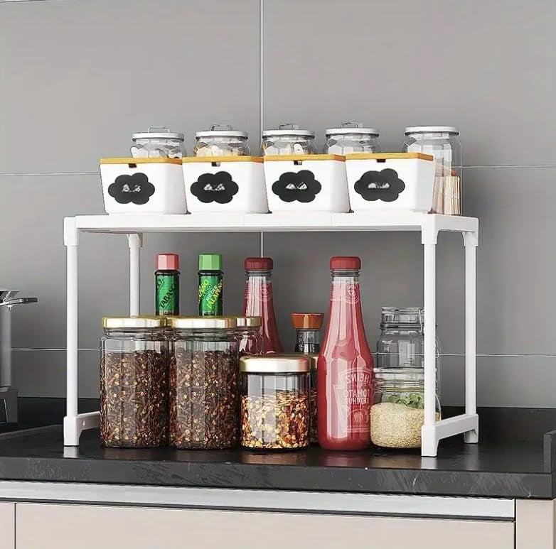 Smart Saver Kitchen Oven Microwave Shelf with Two Layers,Countertop Storage Rack, Tableware Storage Counter Space Saver Cabinet Organizer Spice Holder, White. - Image 2