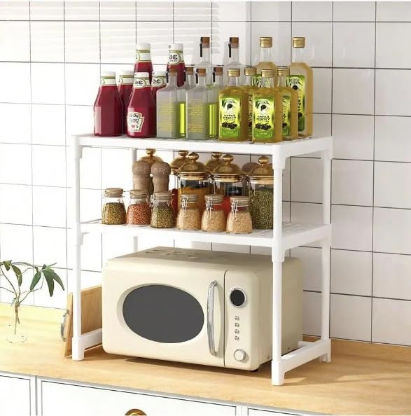 Smart Saver Kitchen Oven Microwave Shelf with Two Layers,Countertop Storage Rack, Tableware Storage Counter Space Saver Cabinet Organizer Spice Holder, White. - Image 1