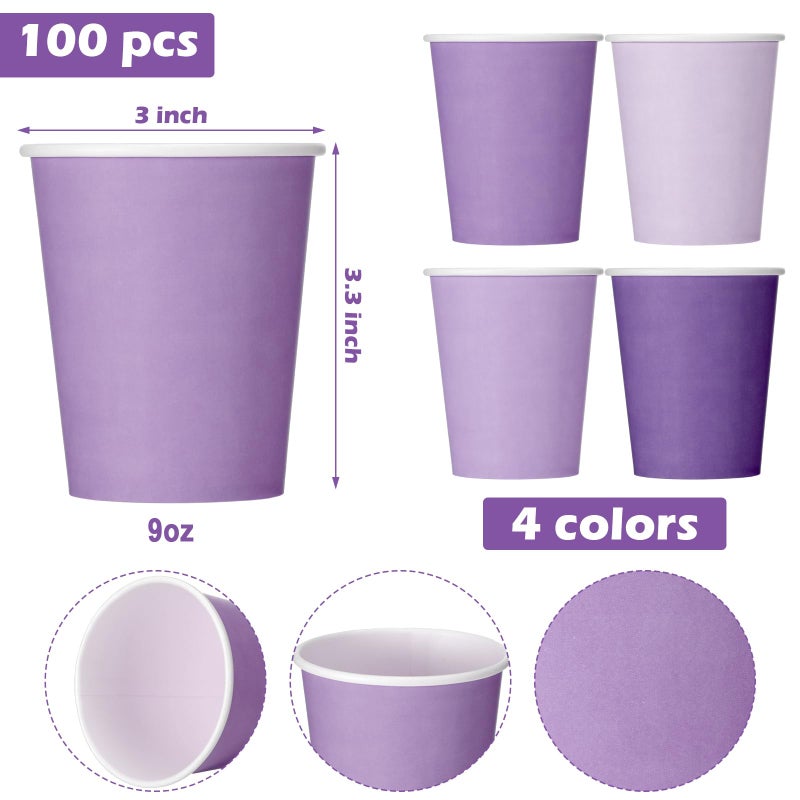 FillTouch فيل تاتش 100 عبوة أكواب ورقية قابلة للاستخدام لمرة واحدة سعة 9 أونصات بألوان متدرجة لأكواب المشروبات الحفلات للمشروبات الباردة زفاف حفلة استقبال المولود حفلة عيد الميلاد (سلسلة بنفسجية) - Image 2