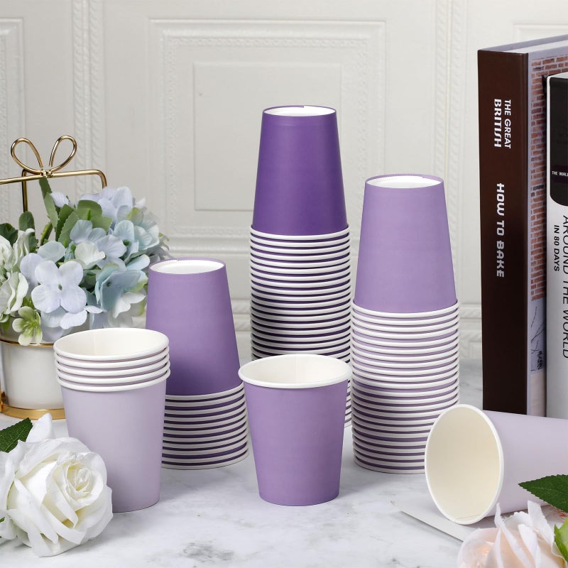 FillTouch فيل تاتش 100 عبوة أكواب ورقية قابلة للاستخدام لمرة واحدة سعة 9 أونصات بألوان متدرجة لأكواب المشروبات الحفلات للمشروبات الباردة زفاف حفلة استقبال المولود حفلة عيد الميلاد (سلسلة بنفسجية) - Image 4