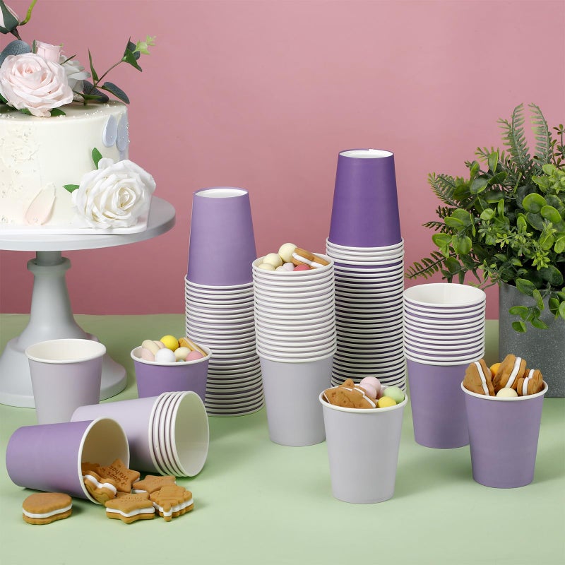 FillTouch فيل تاتش 100 عبوة أكواب ورقية قابلة للاستخدام لمرة واحدة سعة 9 أونصات بألوان متدرجة لأكواب المشروبات الحفلات للمشروبات الباردة زفاف حفلة استقبال المولود حفلة عيد الميلاد (سلسلة بنفسجية) - Image 3