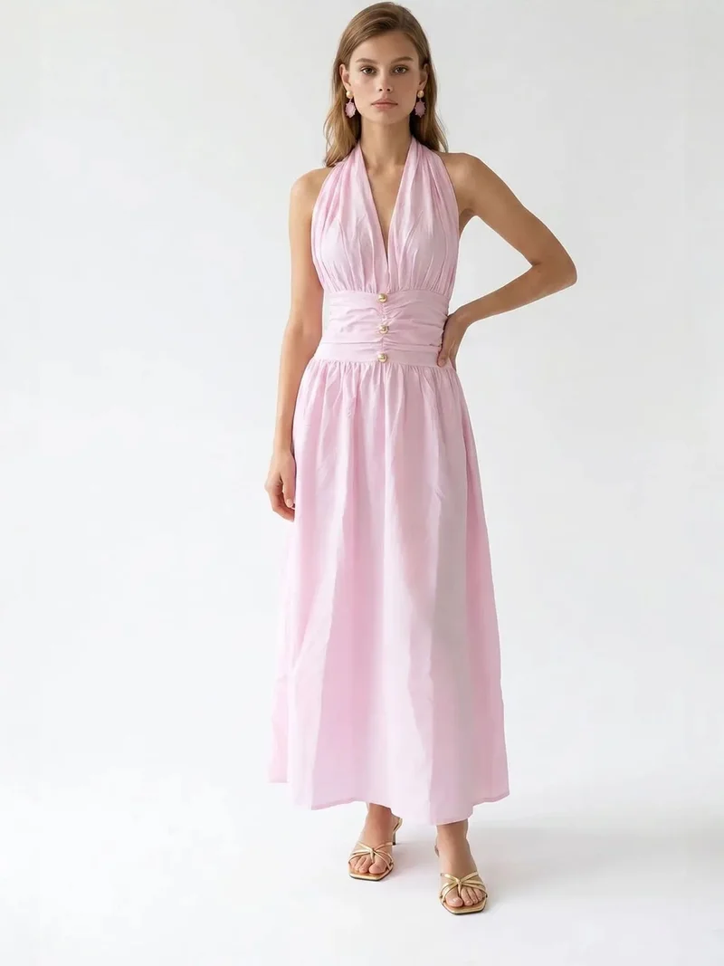 ميكسراي MIXRAY Women's Cotton Poplin Halter Maxi Dress