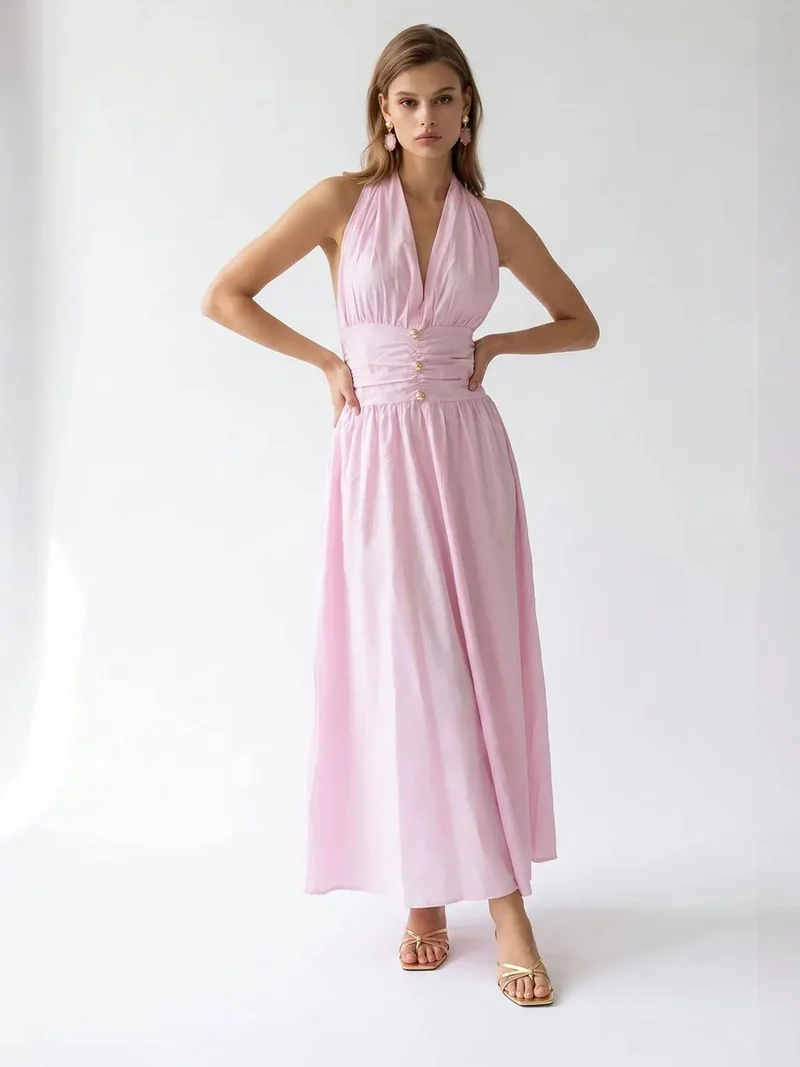 ميكسراي MIXRAY Women's Cotton Poplin Halter Maxi Dress