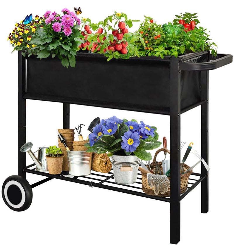 Fiwithy Raised Garden Bed with Legs for Outdoor Plants, Standing Elevated Planter Box Cart on Wheels for Vegetables Flower Herb Patio, Black - Image 1