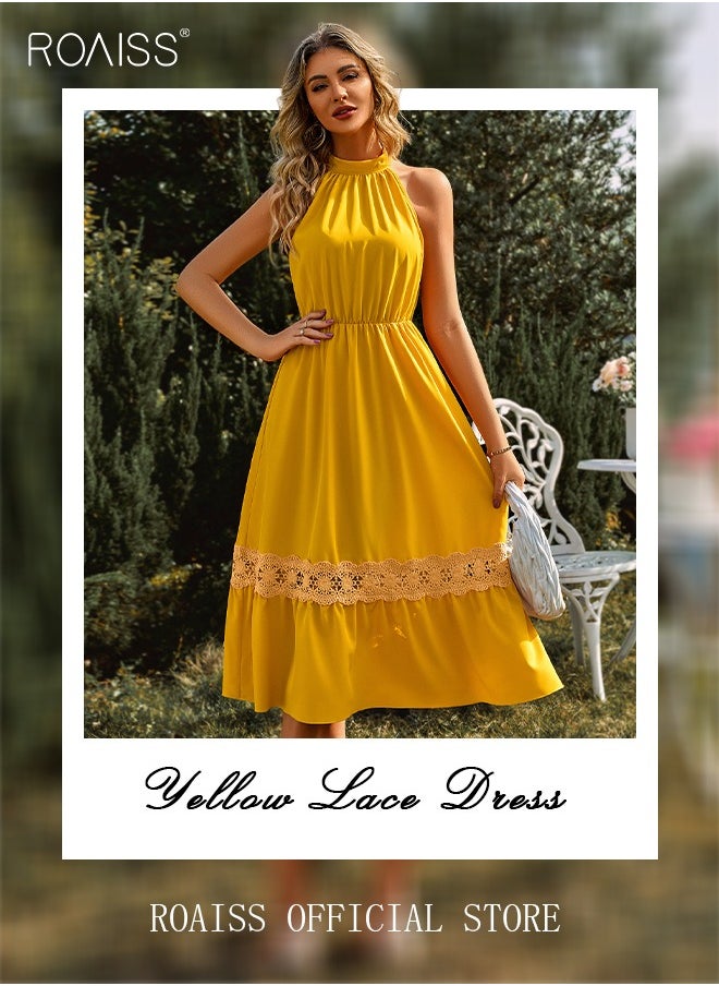 roaiss - Women's Solid Color Halterneck  A-Line Dress Sleeveless Lace Hem European-Style Elegant Dress for Ladies Elegant Temperament Casual Outfit - Image 1