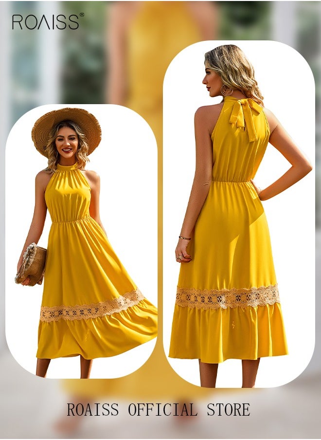 roaiss - Women's Solid Color Halterneck  A-Line Dress Sleeveless Lace Hem European-Style Elegant Dress for Ladies Elegant Temperament Casual Outfit - Image 1