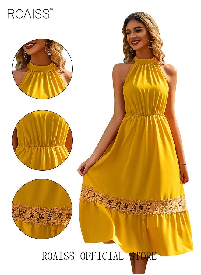 roaiss - Women's Solid Color Halterneck  A-Line Dress Sleeveless Lace Hem European-Style Elegant Dress for Ladies Elegant Temperament Casual Outfit - Image 1