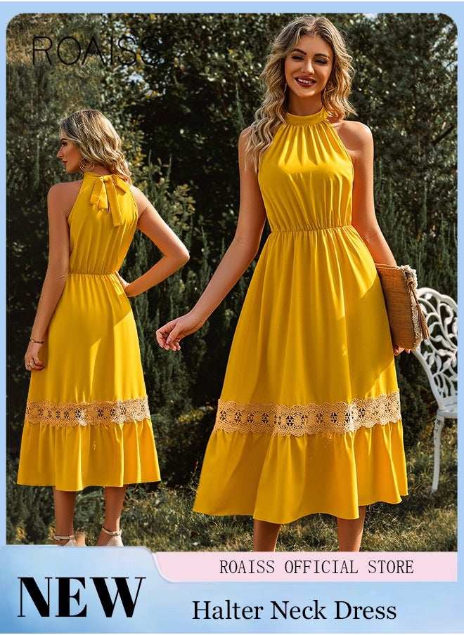 roaiss - Women's Solid Color Halterneck  A-Line Dress Sleeveless Lace Hem European-Style Elegant Dress for Ladies Elegant Temperament Casual Outfit - Image 1