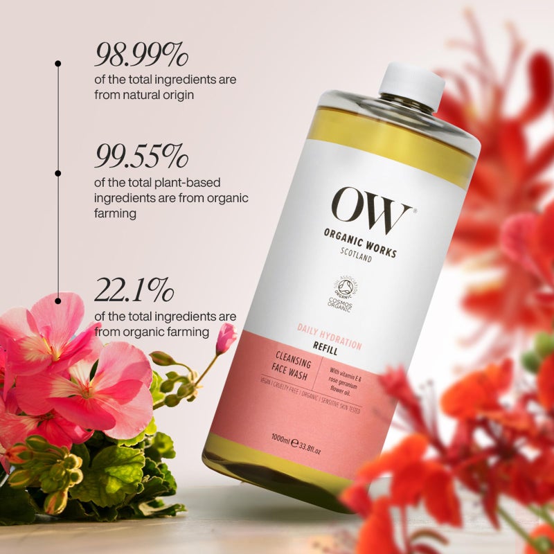 OW Organic Works Daily Hydration Cleansing Face Wash - Exfoliating Face Wash Infused with Vitamin E - Foaming Face Wash for Balanced Skin - 33.8 oz - Image 2