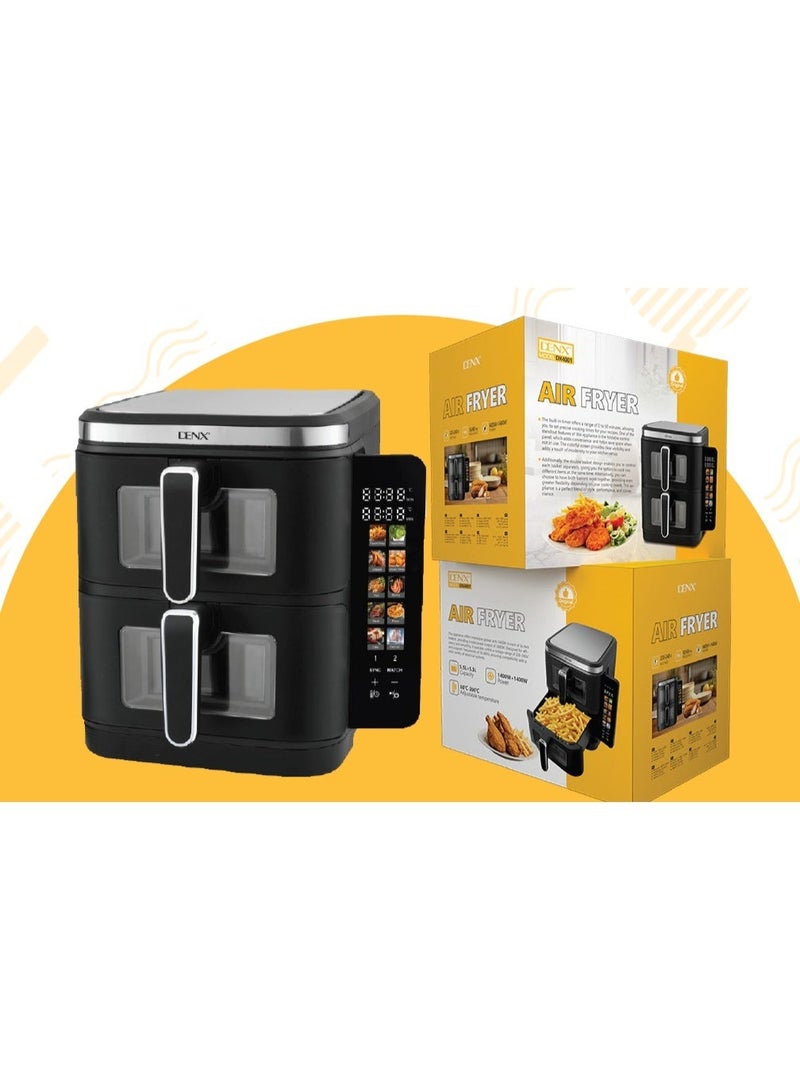 Denx 11L Double Air Fryer, 5.5L + 5.5L Capacity, 2800W, with Information Display and Touch Panel / 12 Preset Settings / Multiple Cooking Functions / High Efficiency Cooking / Healthy Meals - Black - Image 2