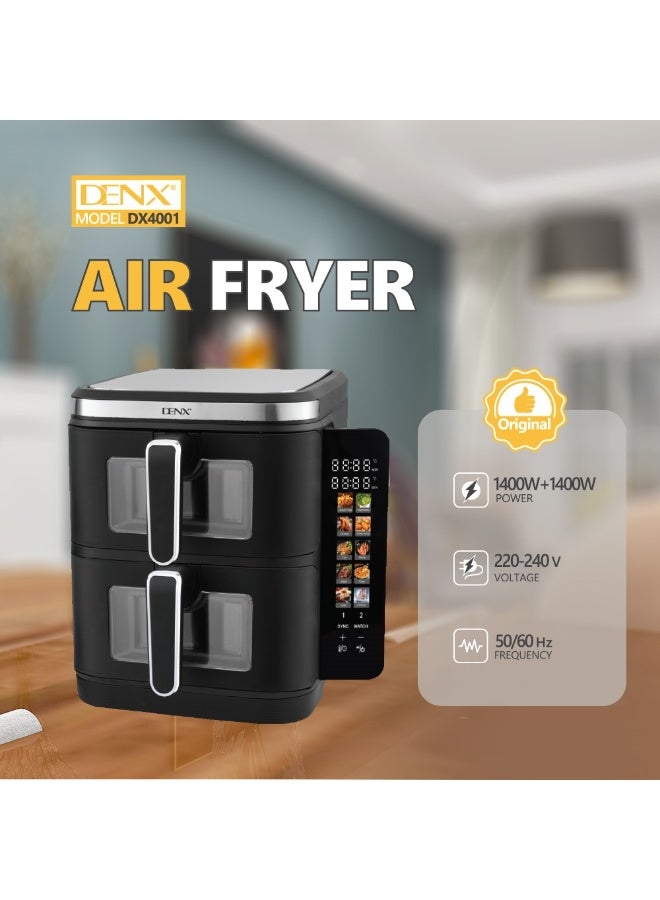 Denx 11L Double Air Fryer, 5.5L + 5.5L Capacity, 2800W, with Information Display and Touch Panel / 12 Preset Settings / Multiple Cooking Functions / High Efficiency Cooking / Healthy Meals - Black - Image 3