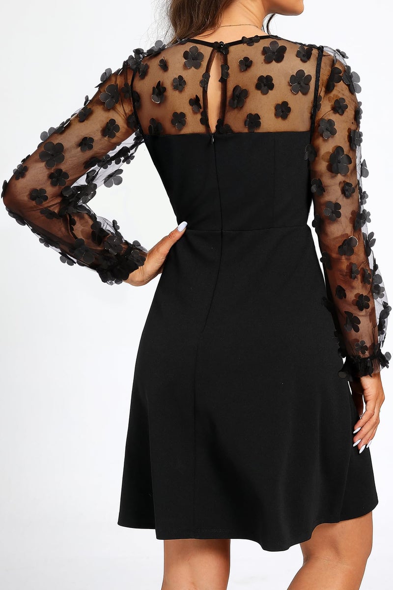 Holipick Black Cocktail Dress 3D Floral AppliquÃ©s Sheer Long Sleeve Wedding Guest Night Date Semi Formal A line Short Dresses - Image 5