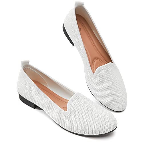 BABUDOG Women's Sparkly Flats Shoes Shiny Mesh Loafers Shoes Soft Memory Foam Flats(Sparkly White.US7) - Image 1