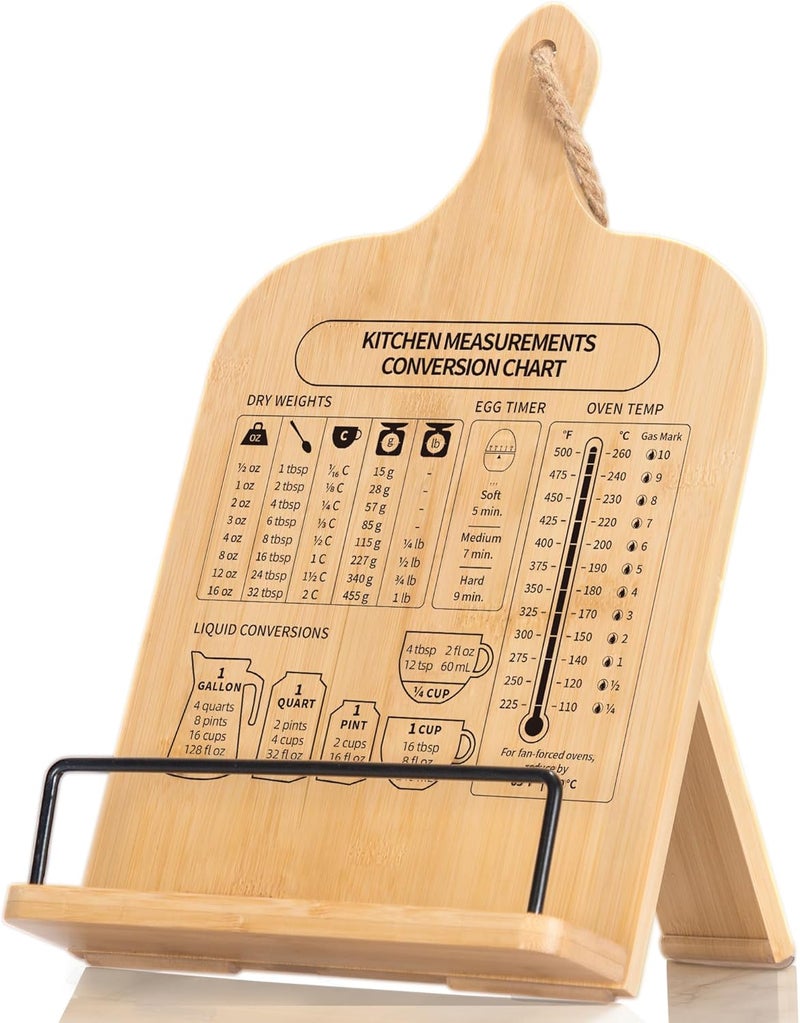 ikedas Bamboo Cookbook Stand, Sturdy Cook Book Holder, Recipe Book Holder with Measurement Conversion Chart, Cookbook Stand for Kitchen Counters, Essential Accessories for Holding Cookbooks - Image 1